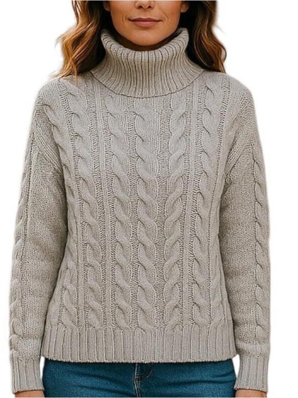 Turtleneck Cable Knit Sweater - Light Gray